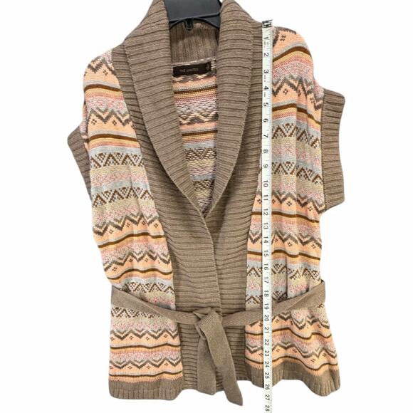 The Limited Sweater Vest Womens S Tan Pink Fair Isle Open Front Belted Cardigan - Picture 7 of 12